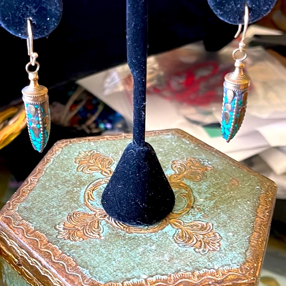 Turquoise inlaid mosaic and brass horn earrings pierced 14kt gold filled wires